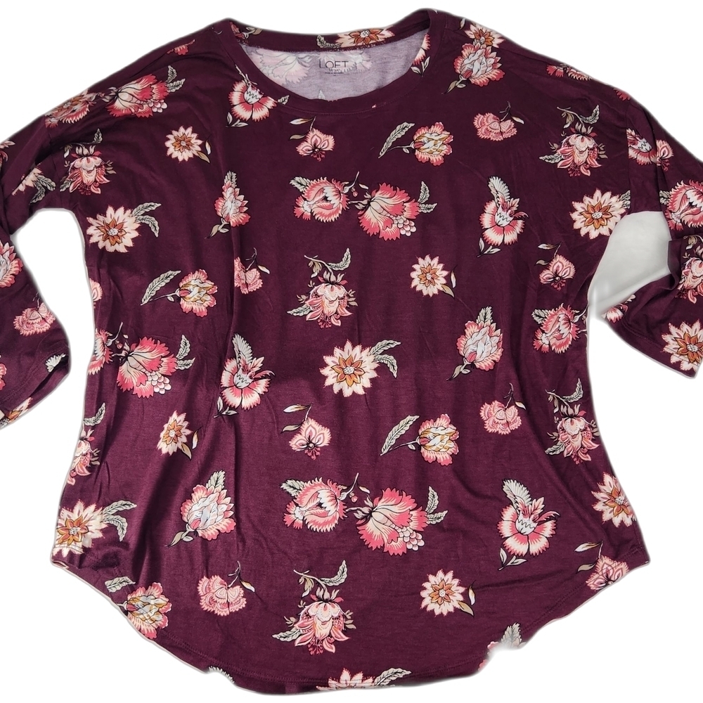 LOFT Floral Burgundy Women's 3/4 Sleeve Top Size Medium
